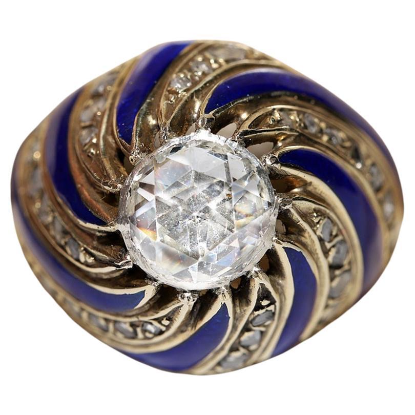 Vintage Circa 1960s 14k Gold Natural Rose Cut Diamond Decorated Enamel Ring 