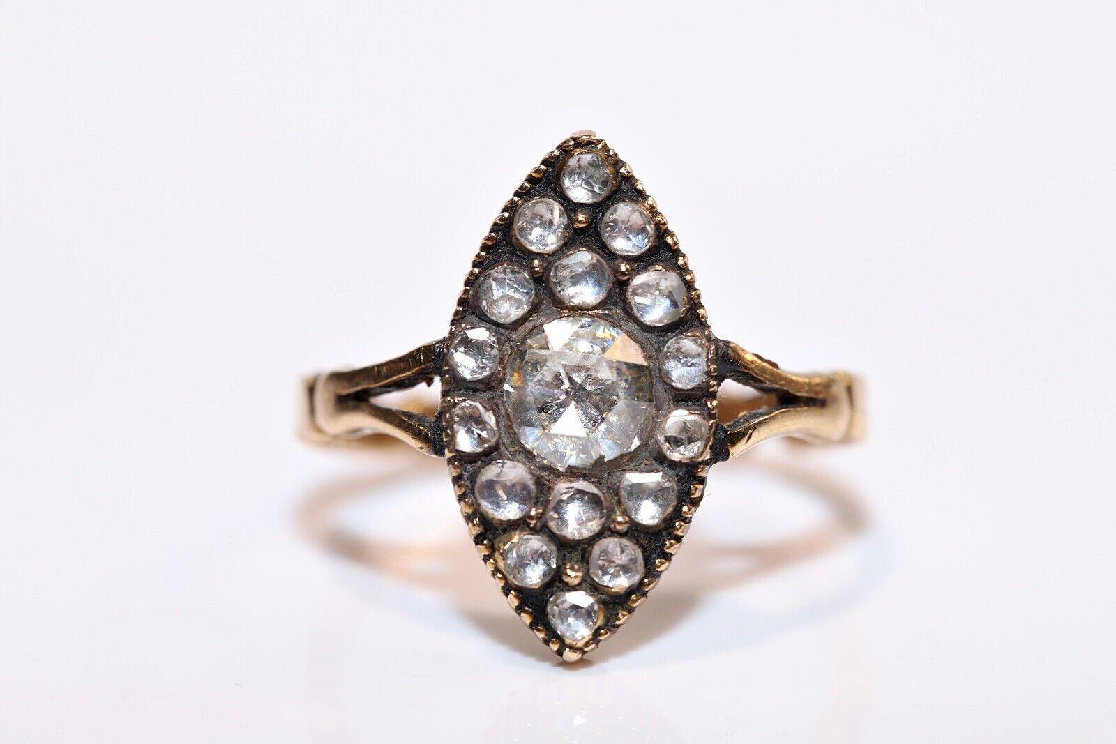 Vintage Circa 1960s 14k Gold Natural Rose Cut Diamond Decorated Navette Ring For Sale 6