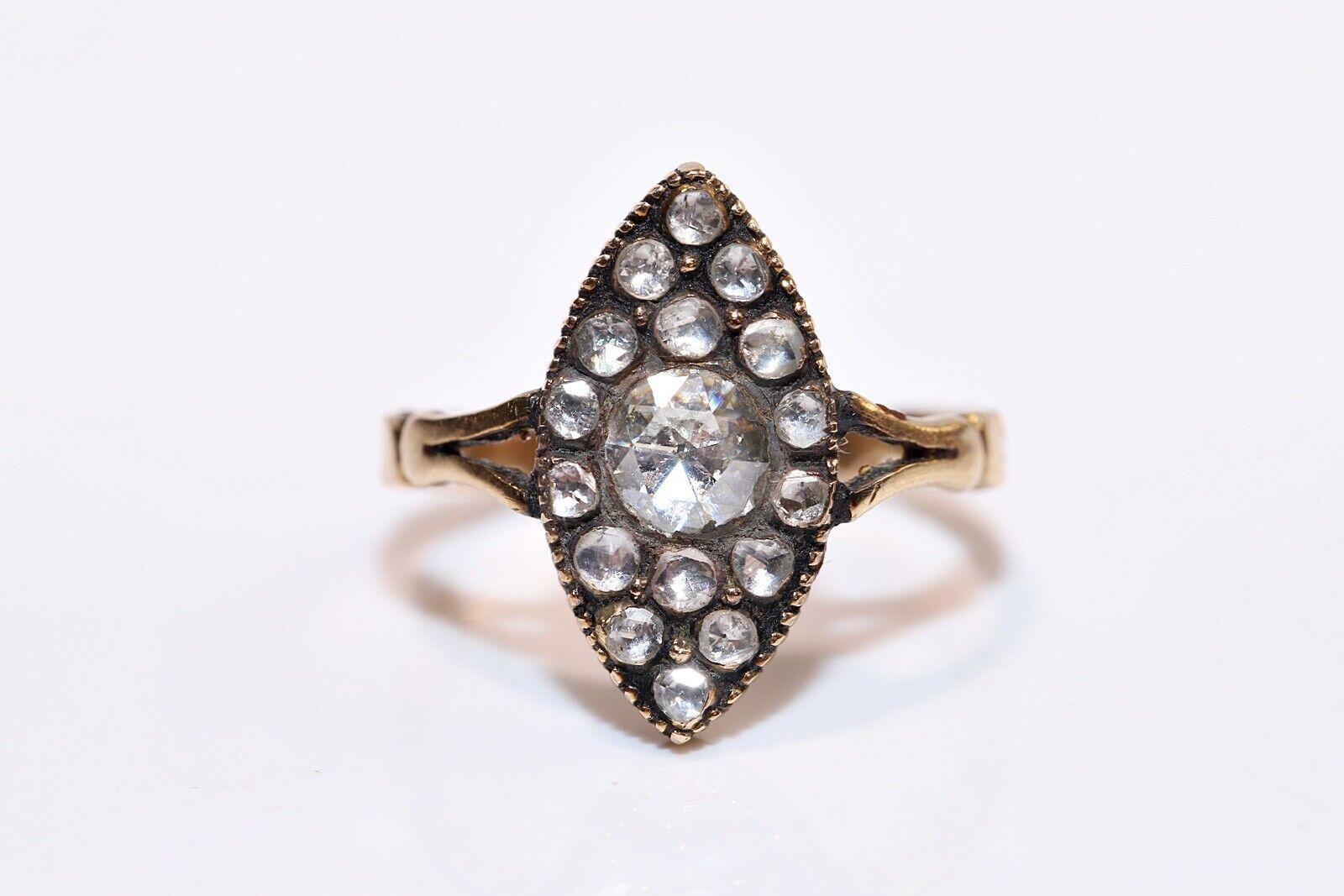 Retro Vintage Circa 1960s 14k Gold Natural Rose Cut Diamond Decorated Navette Ring For Sale