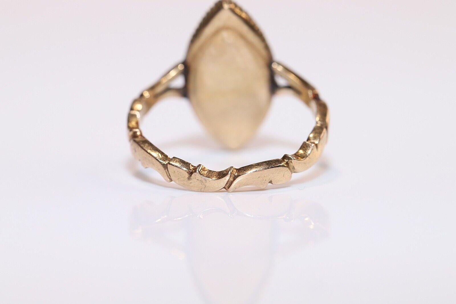 Vintage Circa 1960s 14k Gold Natural Rose Cut Diamond Decorated Navette Ring For Sale 1