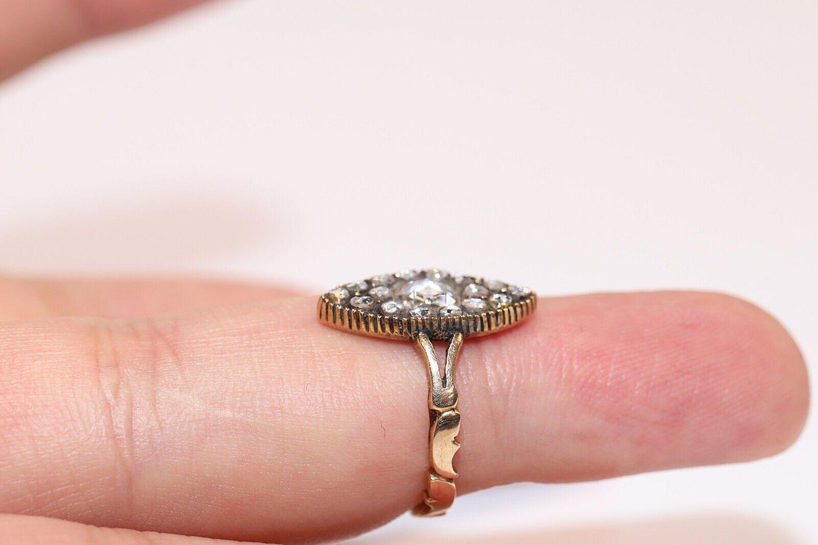 Vintage Circa 1960s 14k Gold Natural Rose Cut Diamond Decorated Navette Ring For Sale 3