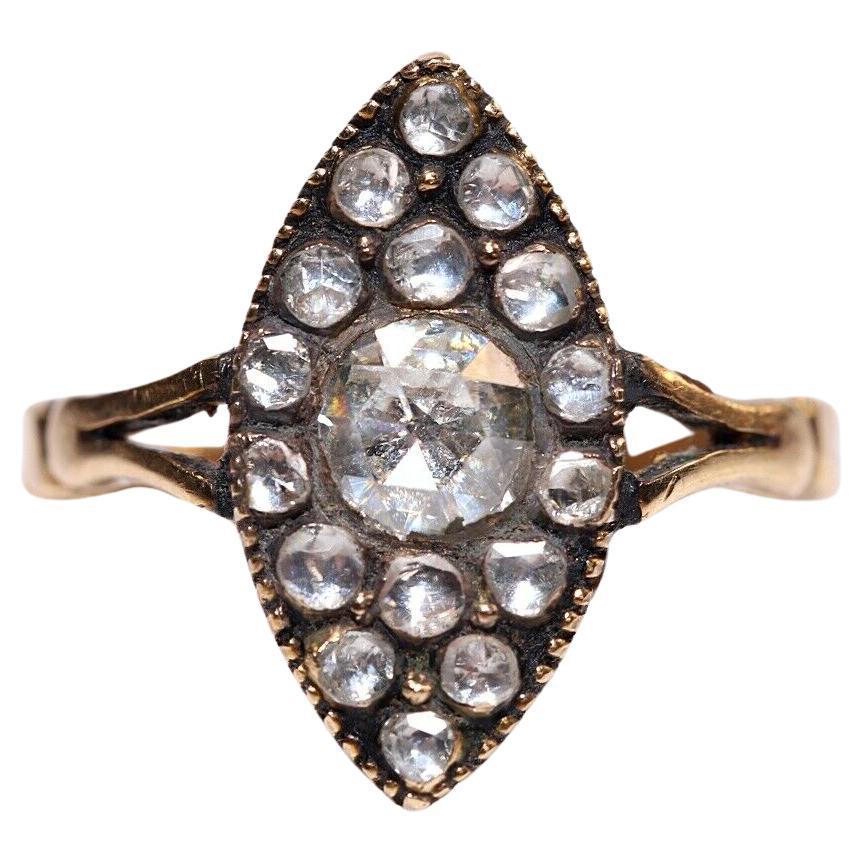 Vintage Circa 1960s 14k Gold Natural Rose Cut Diamond Decorated Navette Ring For Sale