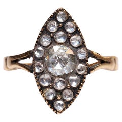 Vintage Circa 1960s 14k Gold Natural Rose Cut Diamond Decorated Navette Ring