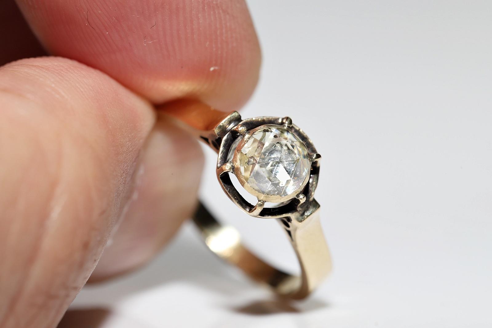 Vintage Circa 1960s 14k Gold Natural Rose Cut Diamond Decorated Solitaire Ring For Sale 1