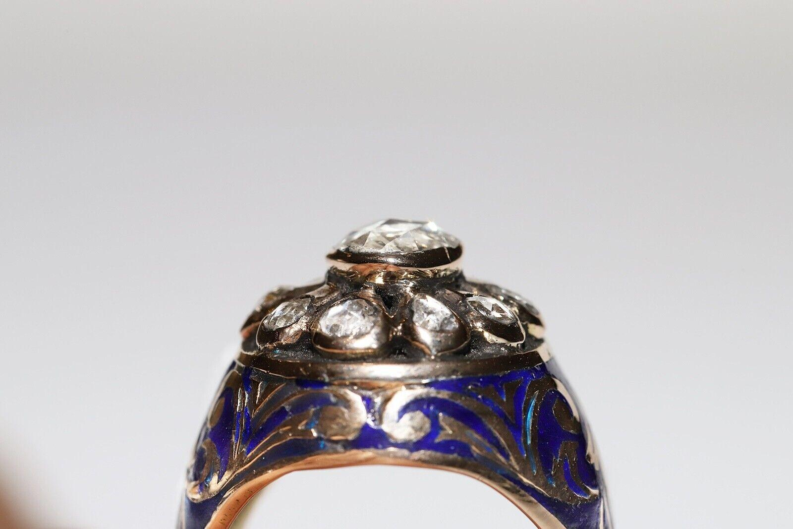 Anello con serbatoio in oro 14k con diamante naturale taglio rosa e smalto, vintage, anni '60 circa. in vendita 4