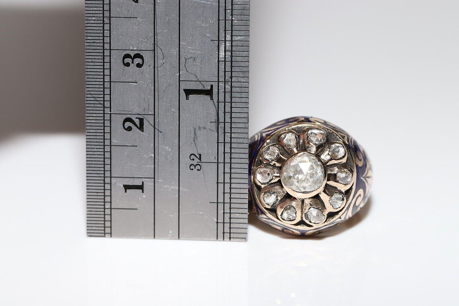 Anello con serbatoio in oro 14k con diamante naturale taglio rosa e smalto, vintage, anni '60 circa. in vendita 5