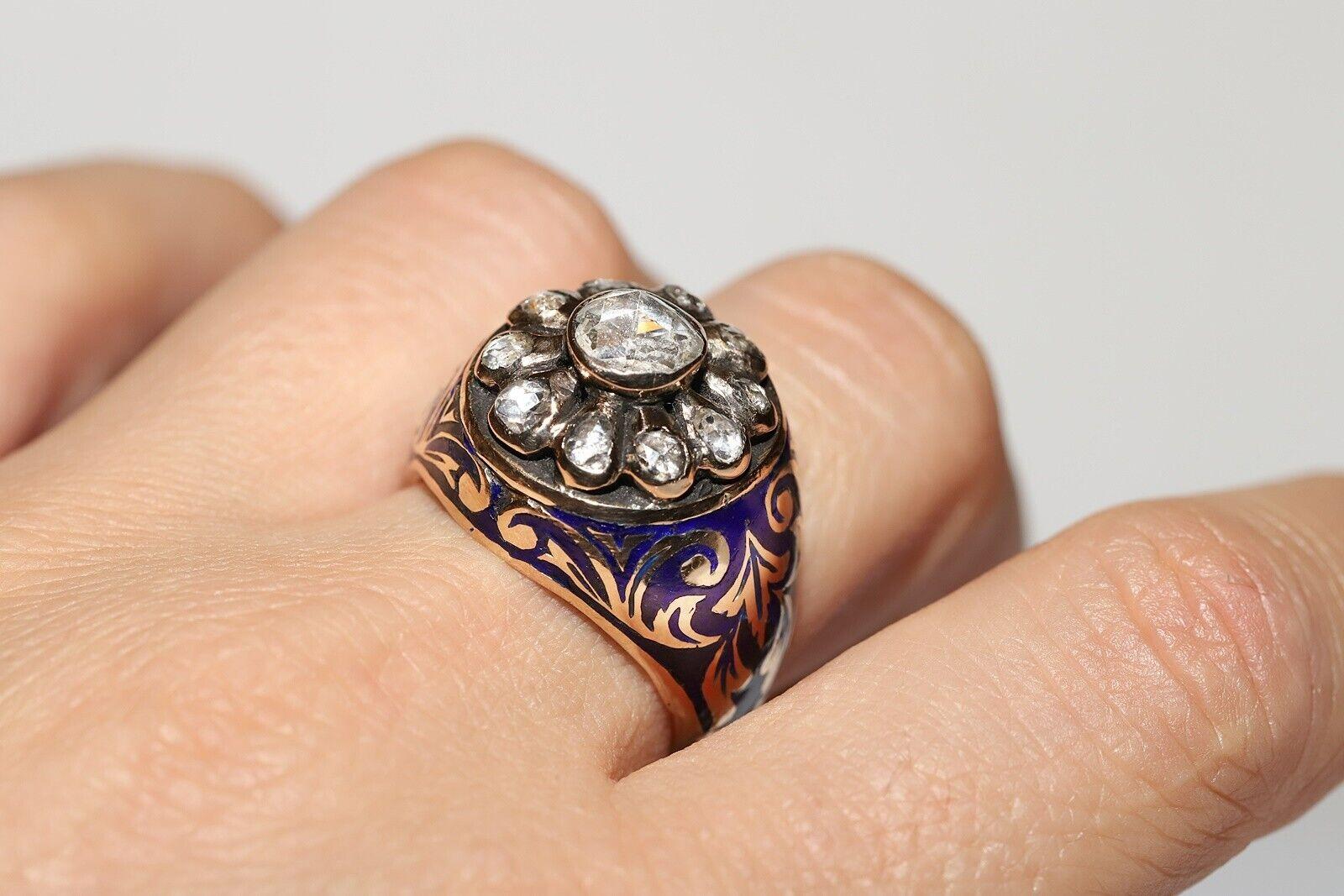Anello con serbatoio in oro 14k con diamante naturale taglio rosa e smalto, vintage, anni '60 circa. in vendita 7