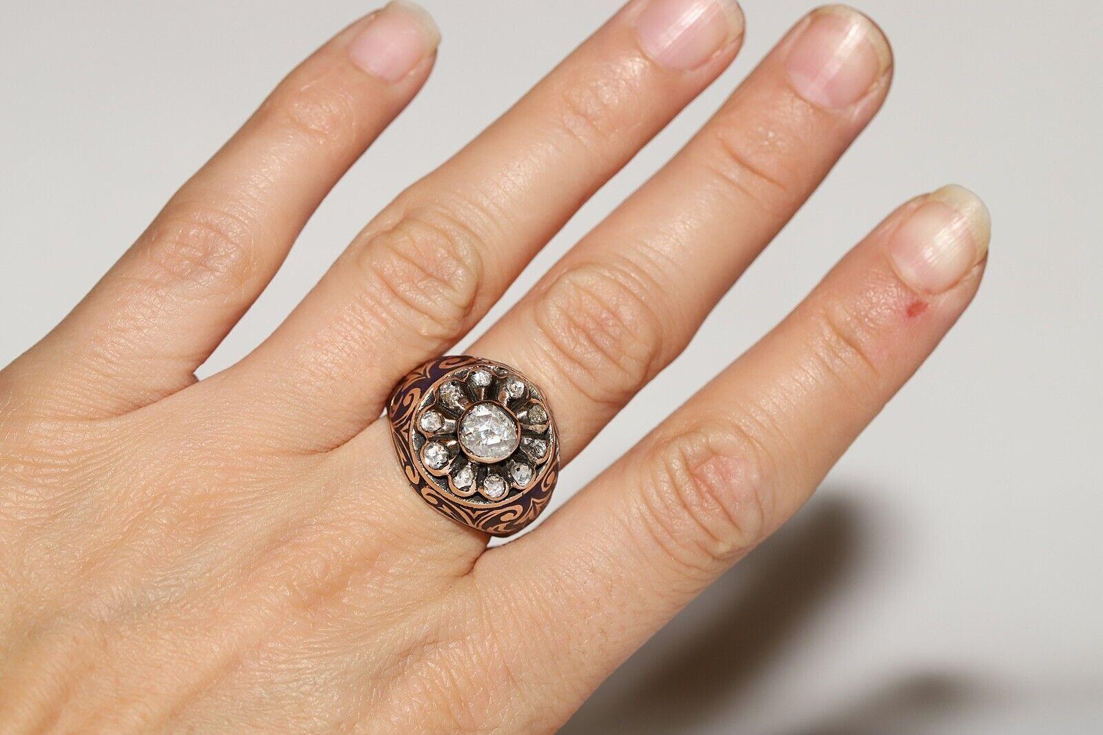 Anello con serbatoio in oro 14k con diamante naturale taglio rosa e smalto, vintage, anni '60 circa. in vendita 8