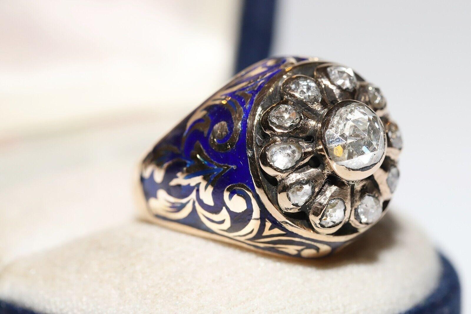 Tank-Ring, Vintage, ca. 1960er Jahre, 14k Gold, natürlicher Diamant im Rosenschliff, Emaille, Vintage im Zustand „Gut“ im Angebot in Fatih/İstanbul, 34