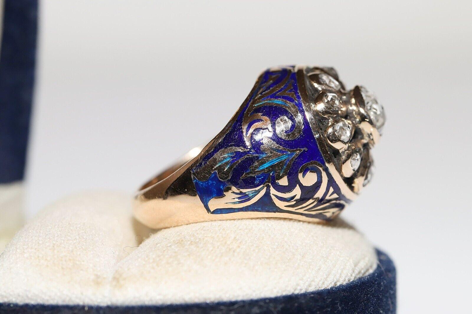 Anello con serbatoio in oro 14k con diamante naturale taglio rosa e smalto, vintage, anni '60 circa. In condizioni buone in vendita a Fatih/İstanbul, 34