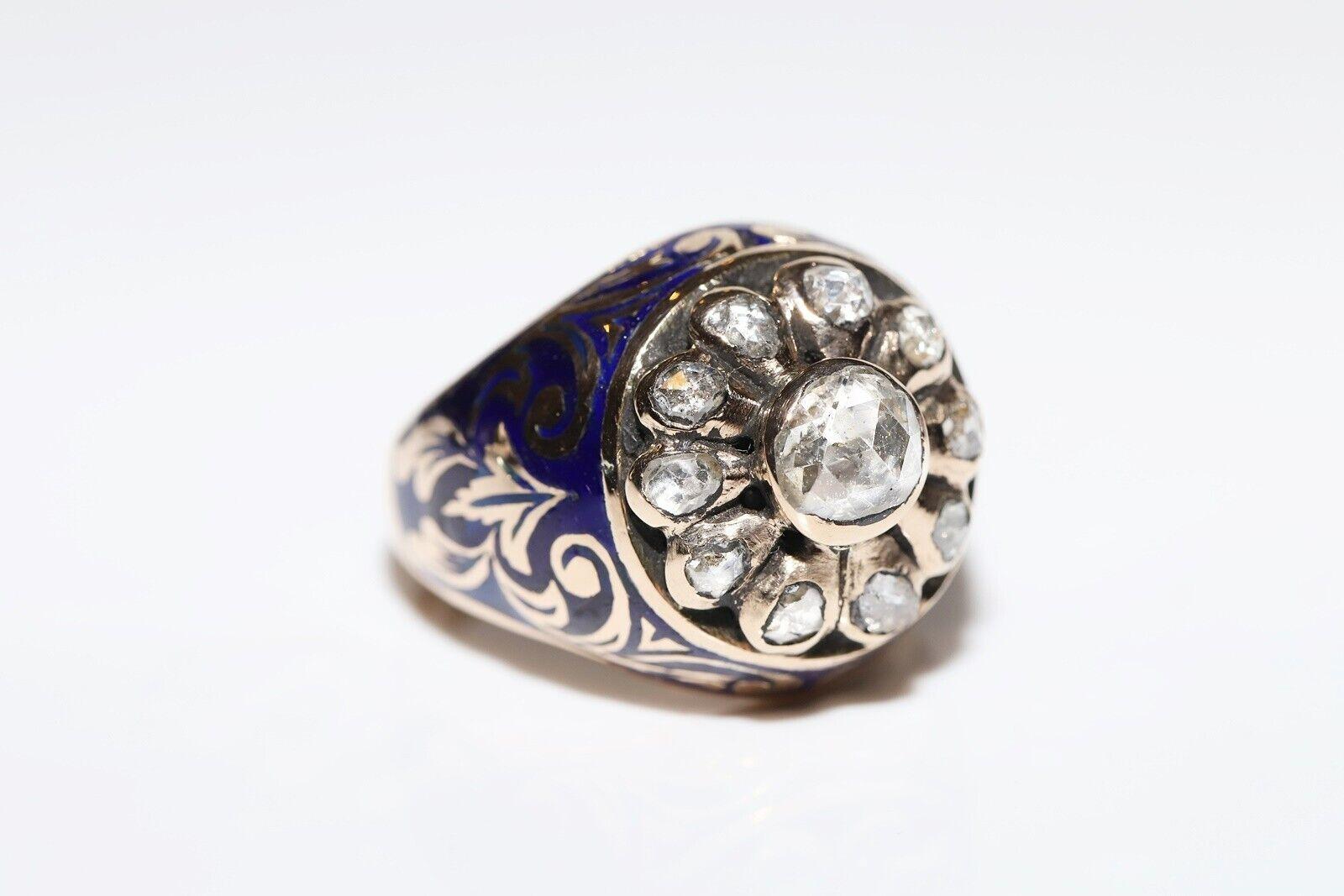 Donna Anello con serbatoio in oro 14k con diamante naturale taglio rosa e smalto, vintage, anni '60 circa. in vendita