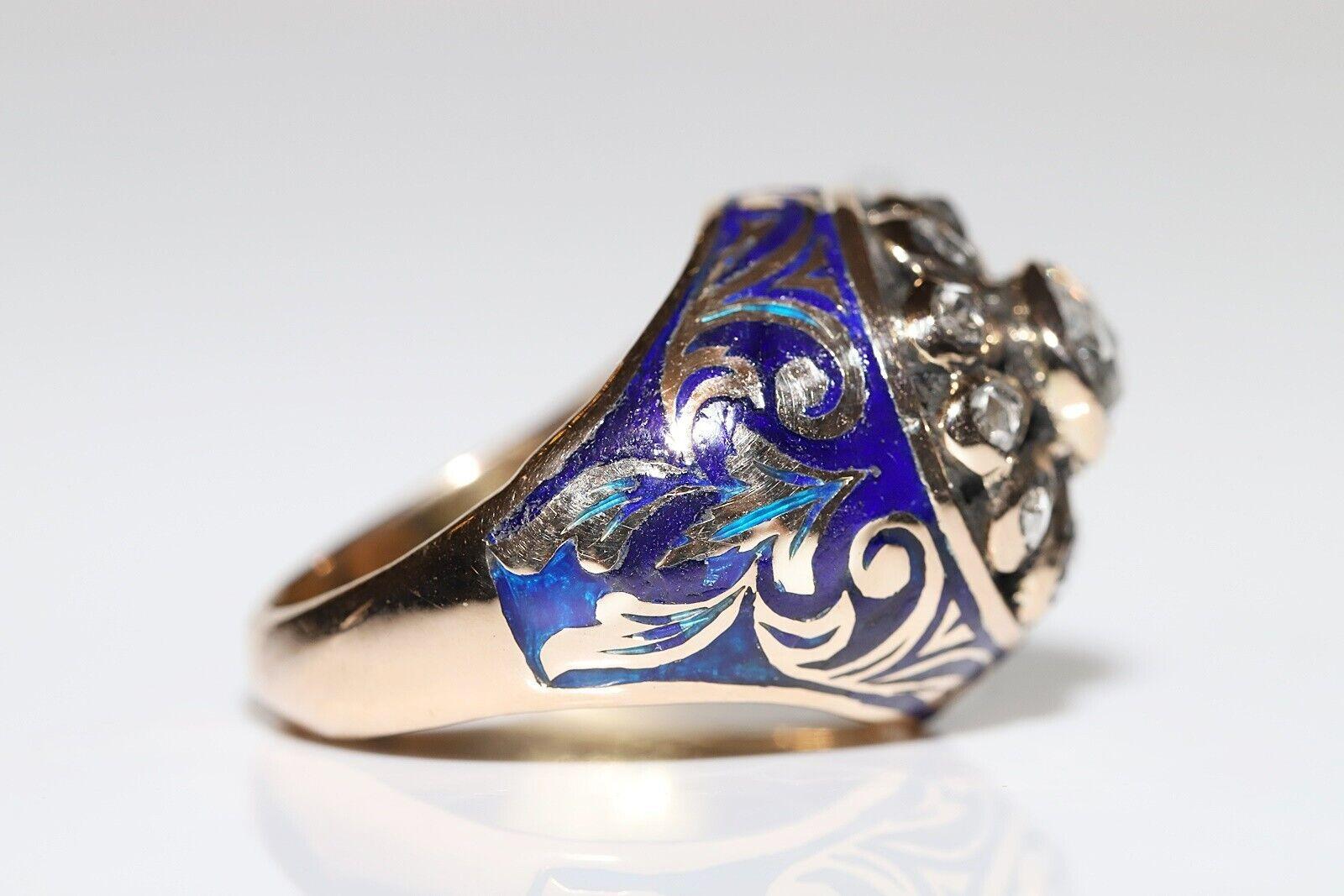 Anello con serbatoio in oro 14k con diamante naturale taglio rosa e smalto, vintage, anni '60 circa. in vendita 1