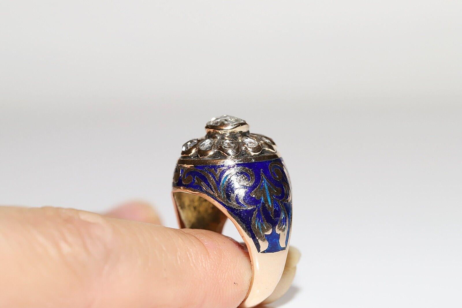 Anello con serbatoio in oro 14k con diamante naturale taglio rosa e smalto, vintage, anni '60 circa. in vendita 3