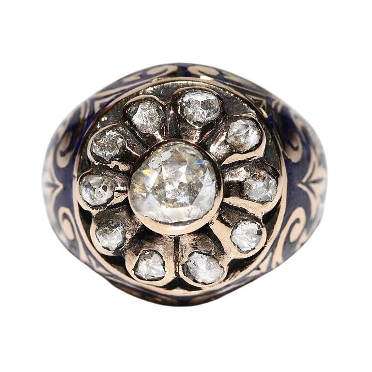 Tank-Ring, Vintage, ca. 1960er Jahre, 14k Gold, natürlicher Diamant im Rosenschliff, Emaille, Vintage