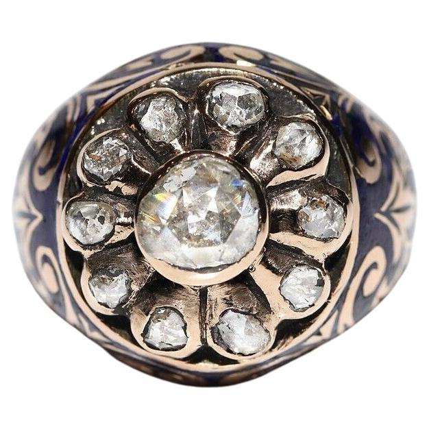 Vintage Circa 1960s 14k Gold Natural Rose Cut Diamond Enamel Tank Ring