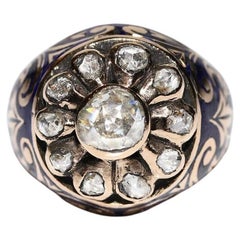 Vintage Circa 1960s 14k Gold Natural Rose Cut Diamond Enamel Tank Ring