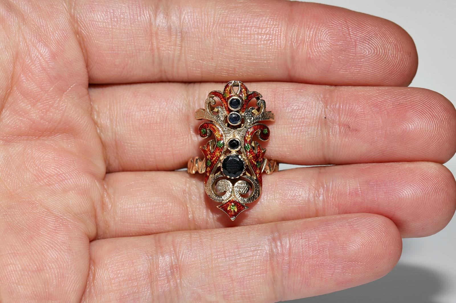 Vintage Circa 1960s Or 14k Saphir Naturel Émail Navette Bague en vente 8