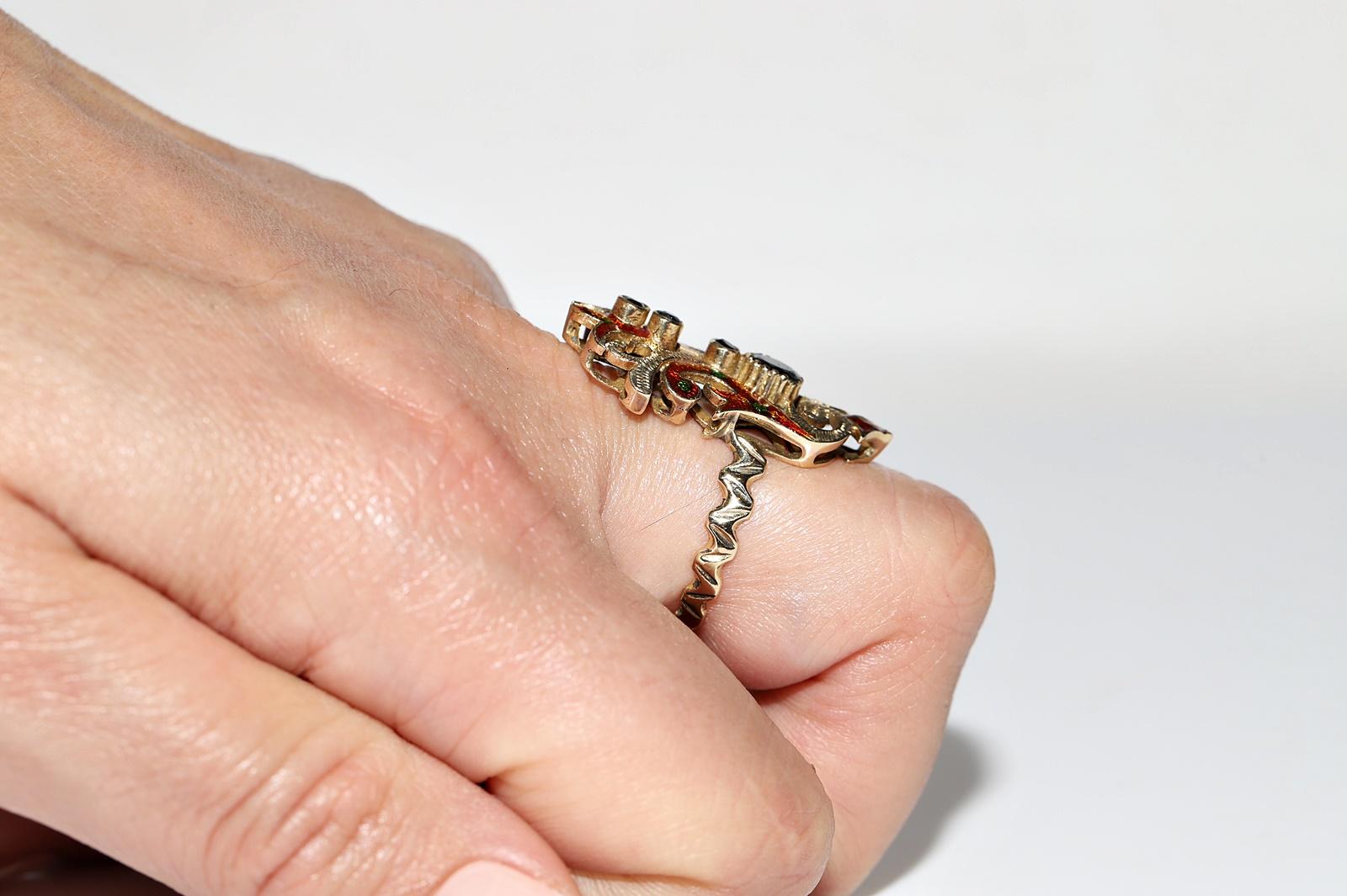 Vintage Circa 1960s Or 14k Saphir Naturel Émail Navette Bague en vente 11