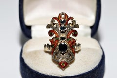 Vintage Circa 1960s 14k Gold Natural Sapphire Enamel Navette Ring
