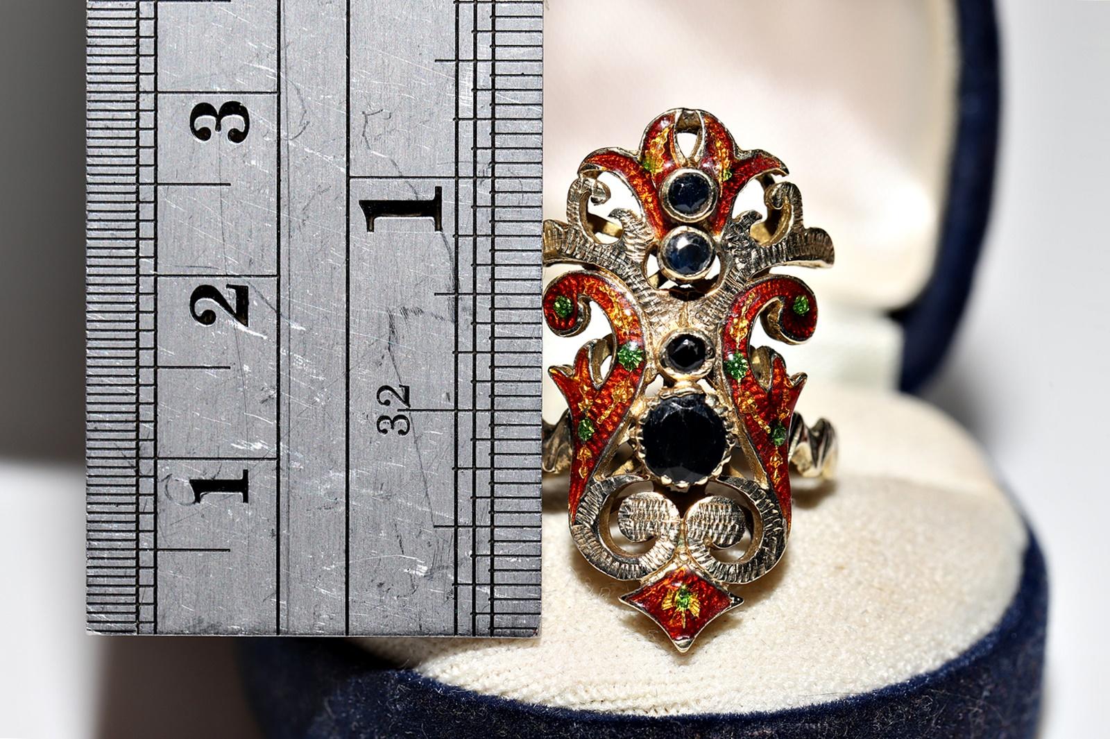 Vintage Circa 1960er Jahre 14k Gold natürlicher Saphir Emaille Navette Ring (Retro) im Angebot