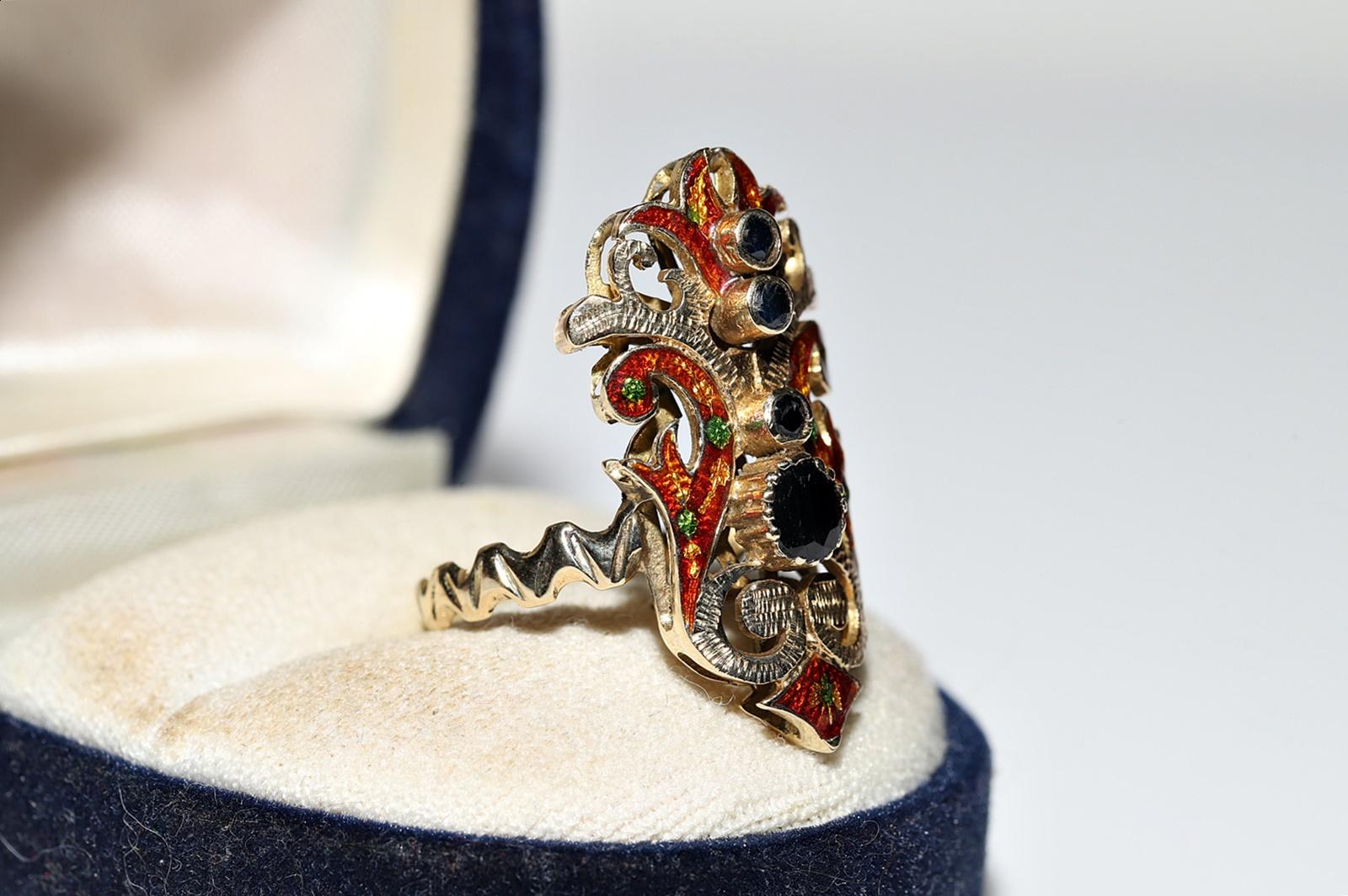 Vintage Circa 1960s Or 14k Saphir Naturel Émail Navette Bague Bon état - En vente à Fatih/İstanbul, 34