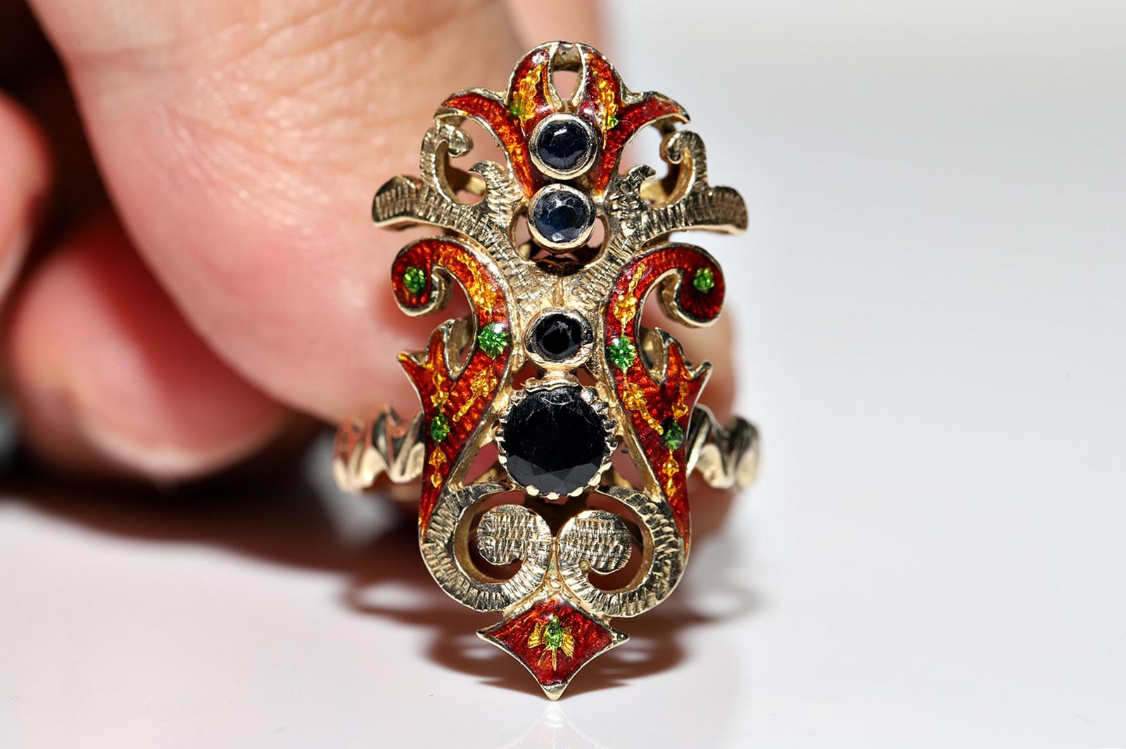 Vintage Circa 1960s Or 14k Saphir Naturel Émail Navette Bague Pour femmes en vente