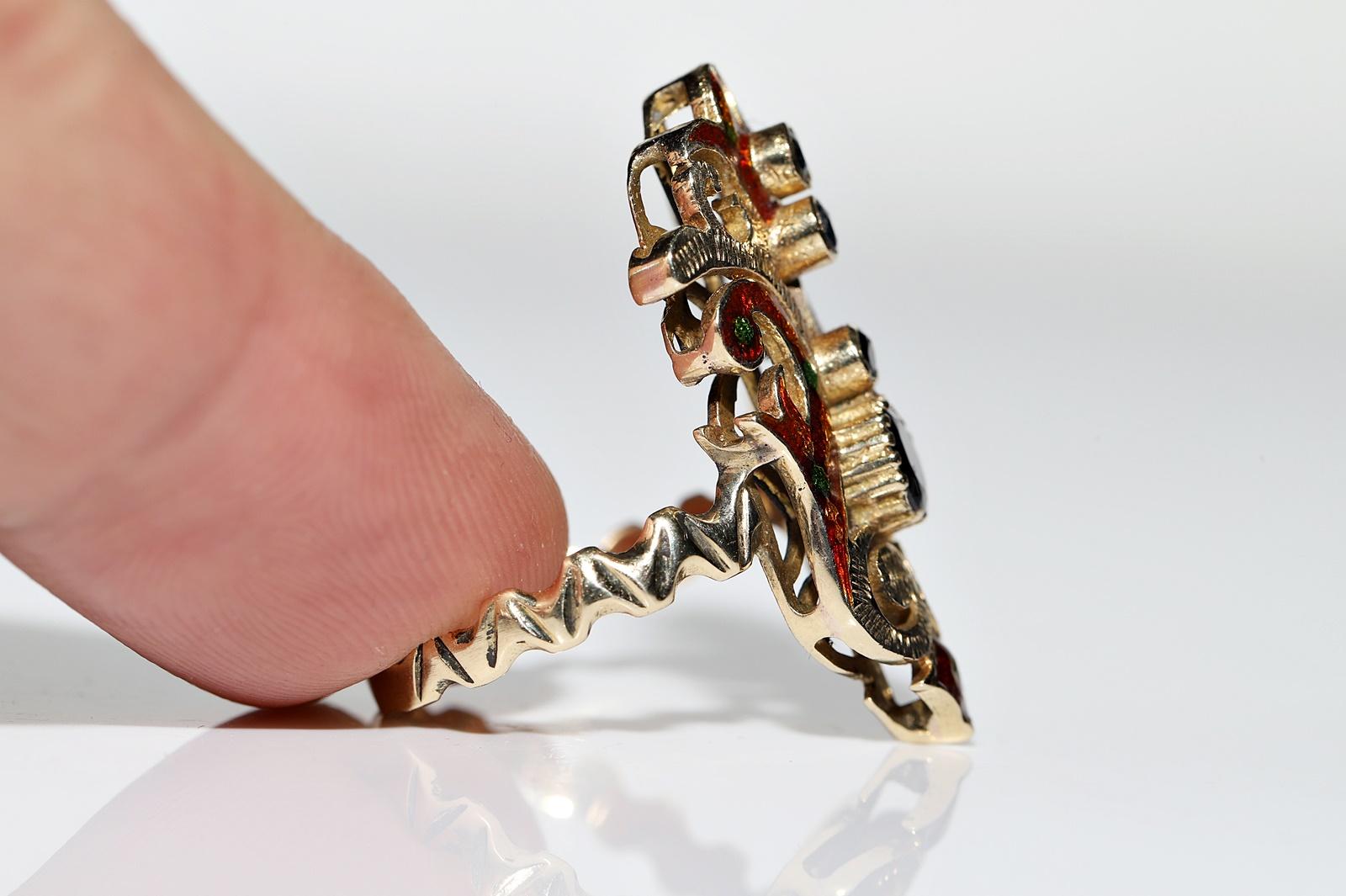 Vintage Circa 1960s Or 14k Saphir Naturel Émail Navette Bague en vente 1