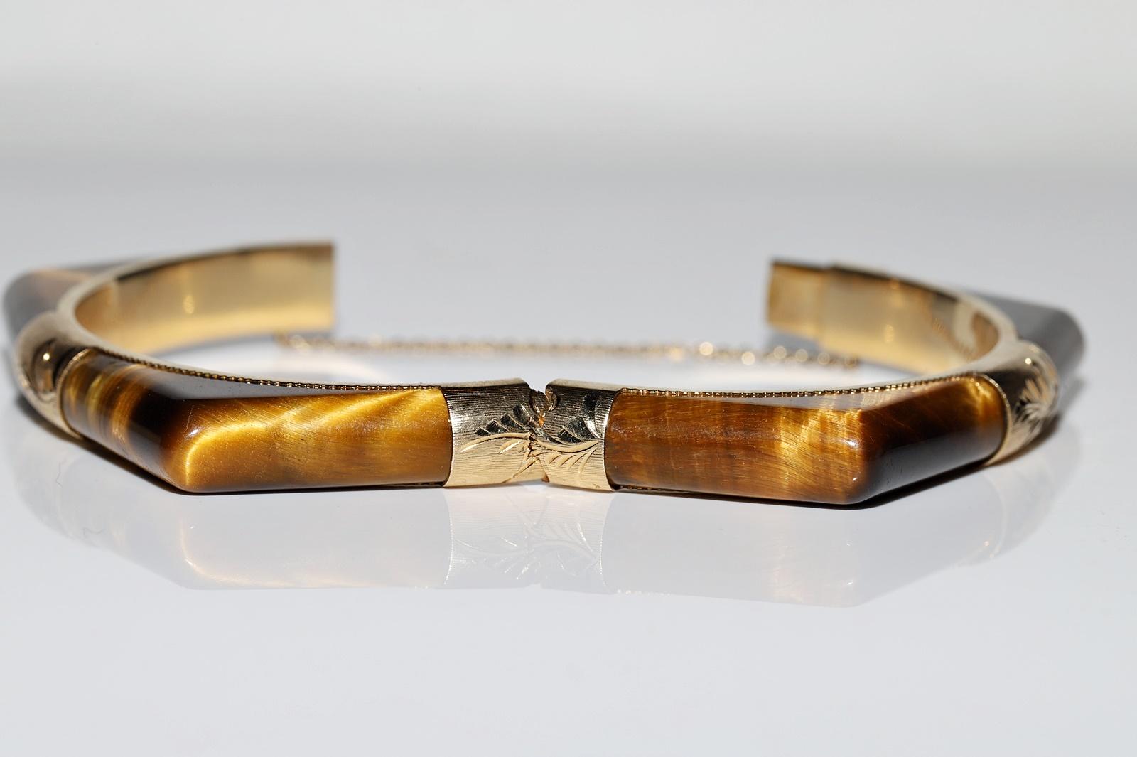 Vintage Circa 1960er Jahre 14k Gold Natürlicher Tigeraugen verzierter Armreif Armband im Angebot 6