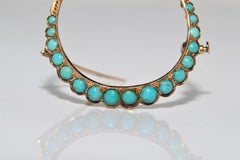 Vintage Circa 1960s 14k Gold Natural Turquoise Decorated Moon Brooch