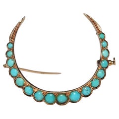 Vintage Circa 1960s 14k Gold Natural Turquoise Decorated Moon Brooch