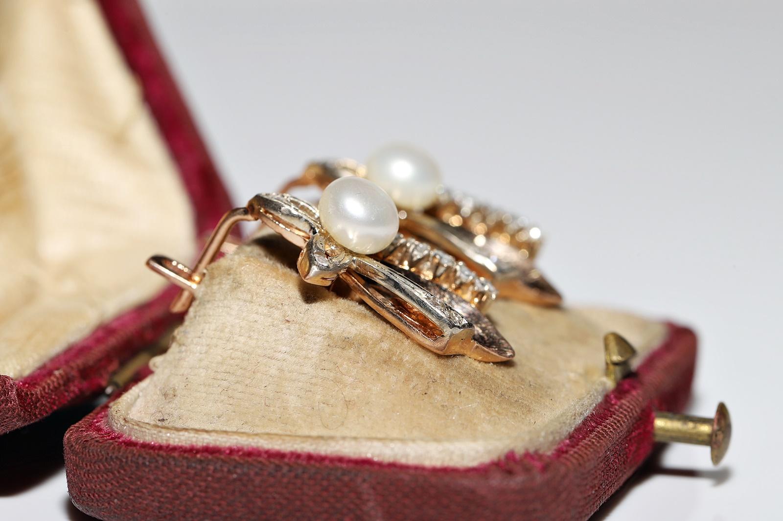 Retro Vintage Circa 1960s 14k Gold  Natural Diamond And Pearl Earring For Sale
