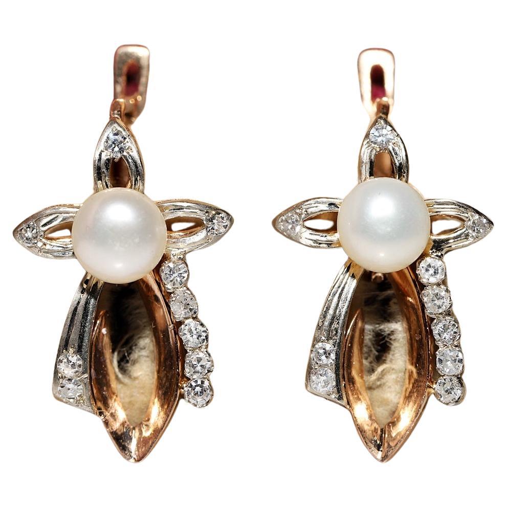 Vintage Circa 1960s 14k Gold  Natural Diamond And Pearl Earring For Sale