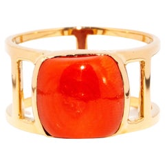 Vintage Circa 1960s 18 Carat Yellow Gold Orange Cushion Cut Coral Cabochon Ring