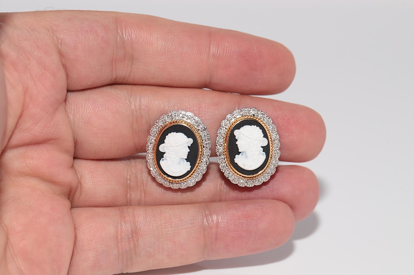 Vintage Circa 1960s 18k Gold And Platinum Diamond Porcelain Cameo Earring For Sale 5