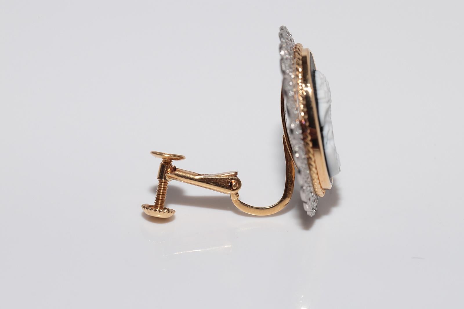 Vintage Circa 1960s 18k Gold And Platinum Diamond Porcelain Cameo Earring For Sale 6