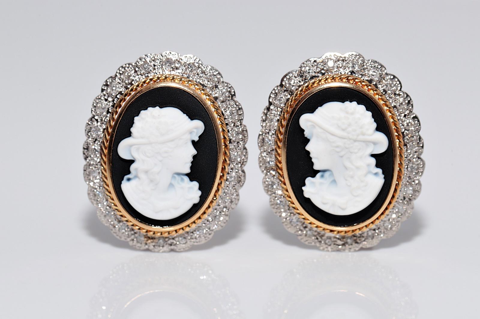 Vintage Circa 1960s 18k Gold And Platinum Diamond Porcelain Cameo Earring For Sale 8