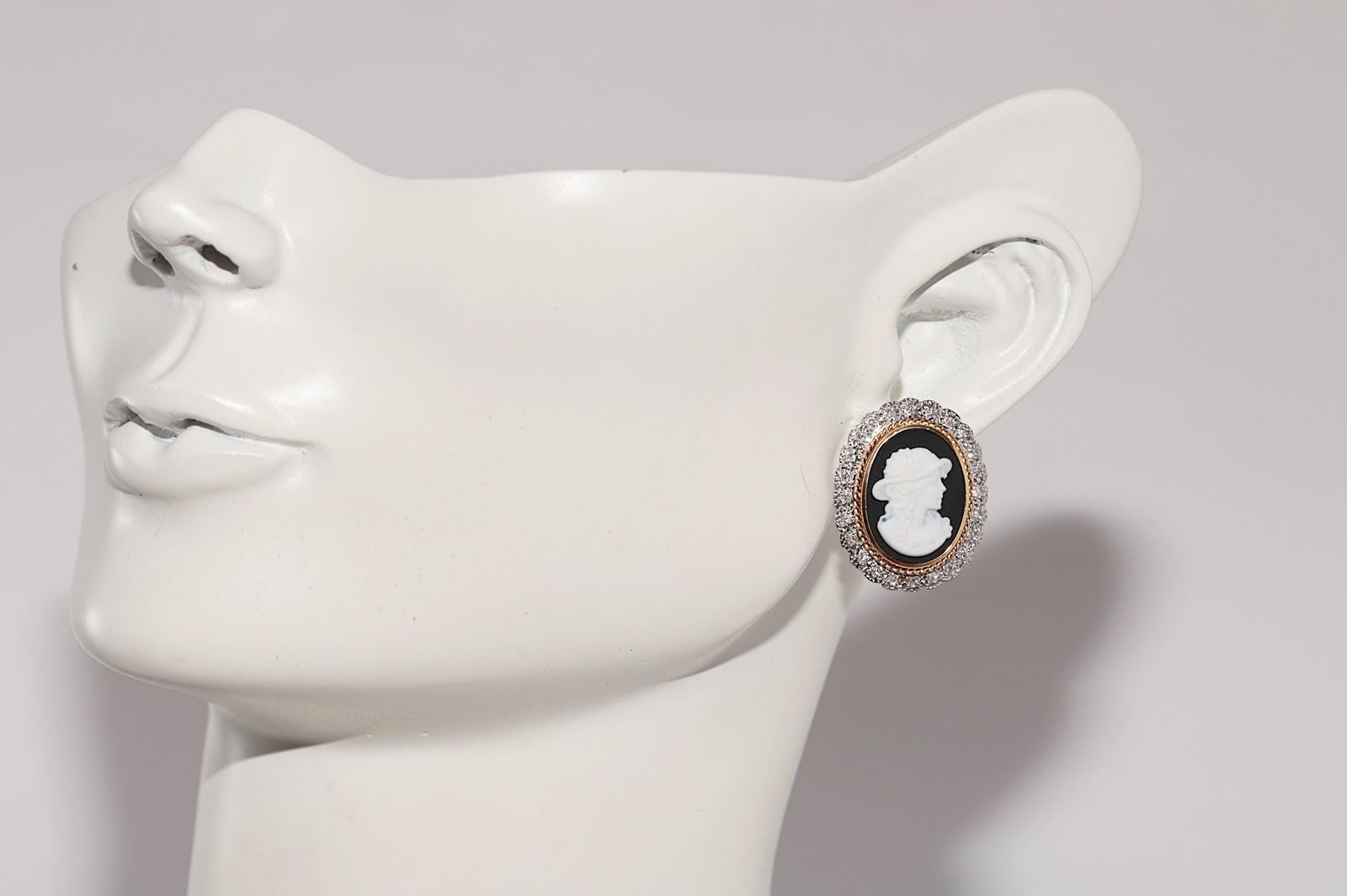 Vintage Circa 1960s 18k Gold And Platinum Diamond Porcelain Cameo Earring For Sale 11