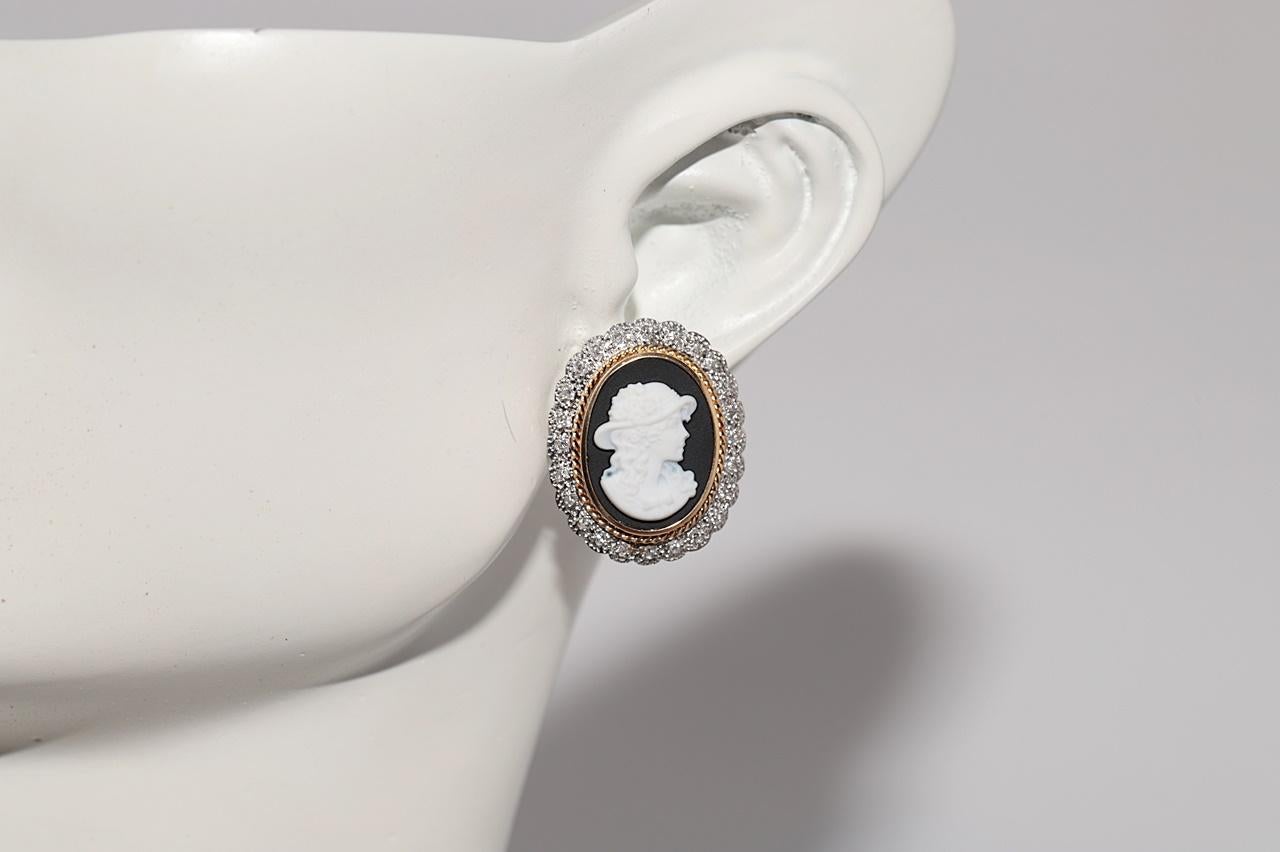 Vintage Circa 1960s 18k Gold And Platinum Diamond Porcelain Cameo Earring For Sale 12