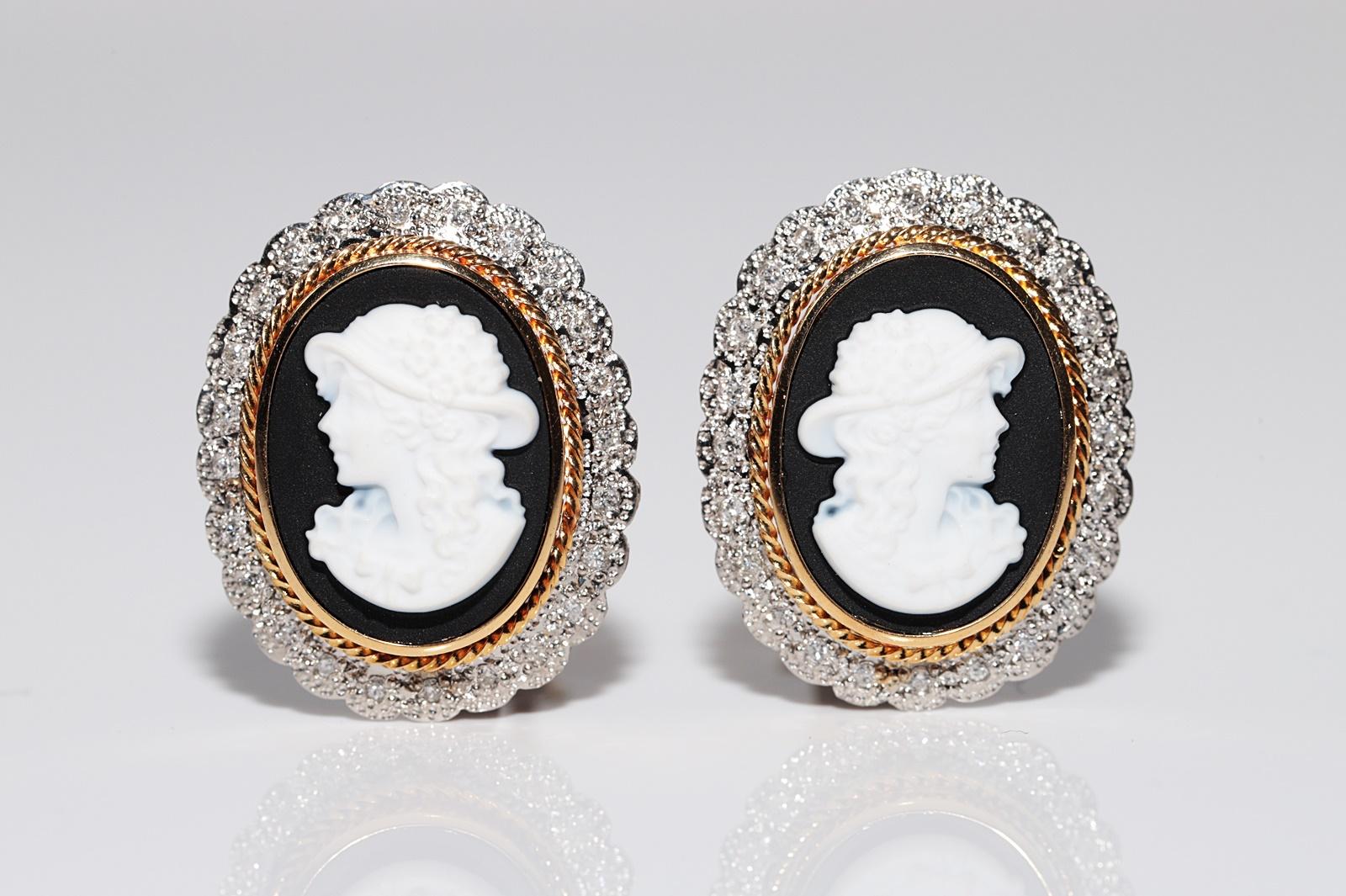 Vintage Circa 1960s 18k Gold And Platinum Diamond Porcelain Cameo Earring For Sale 13