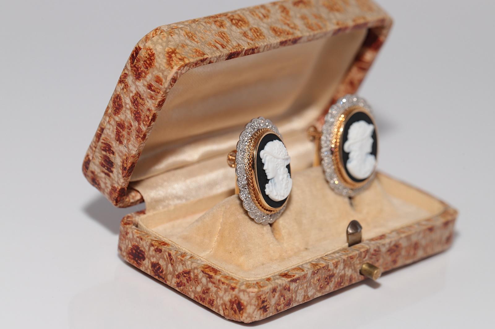 Victorian Vintage Circa 1960s 18k Gold And Platinum Diamond Porcelain Cameo Earring For Sale