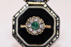 Vintage Circa 1960s 18k Gold Natural Diamond And Cabochon Emerald Ring