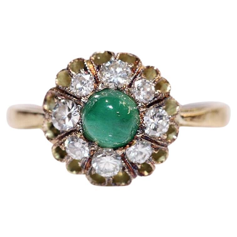 Vintage Circa 1960s 18k Gold Natural Diamond And Cabochon Emerald Ring  For Sale