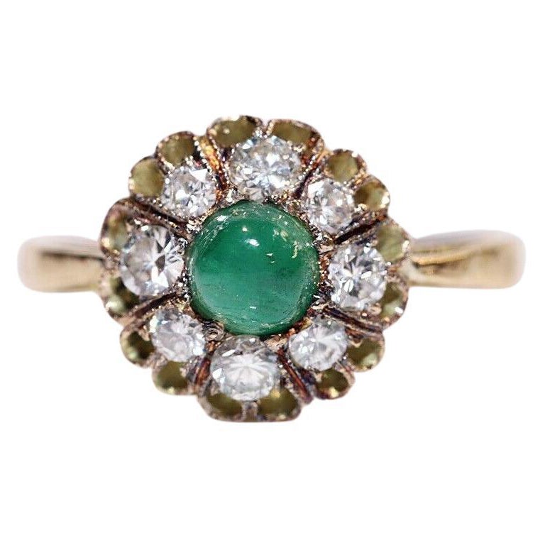 Bague vintage des années 1960 en or 18 carats avec diamant naturel et émeraude cabochon