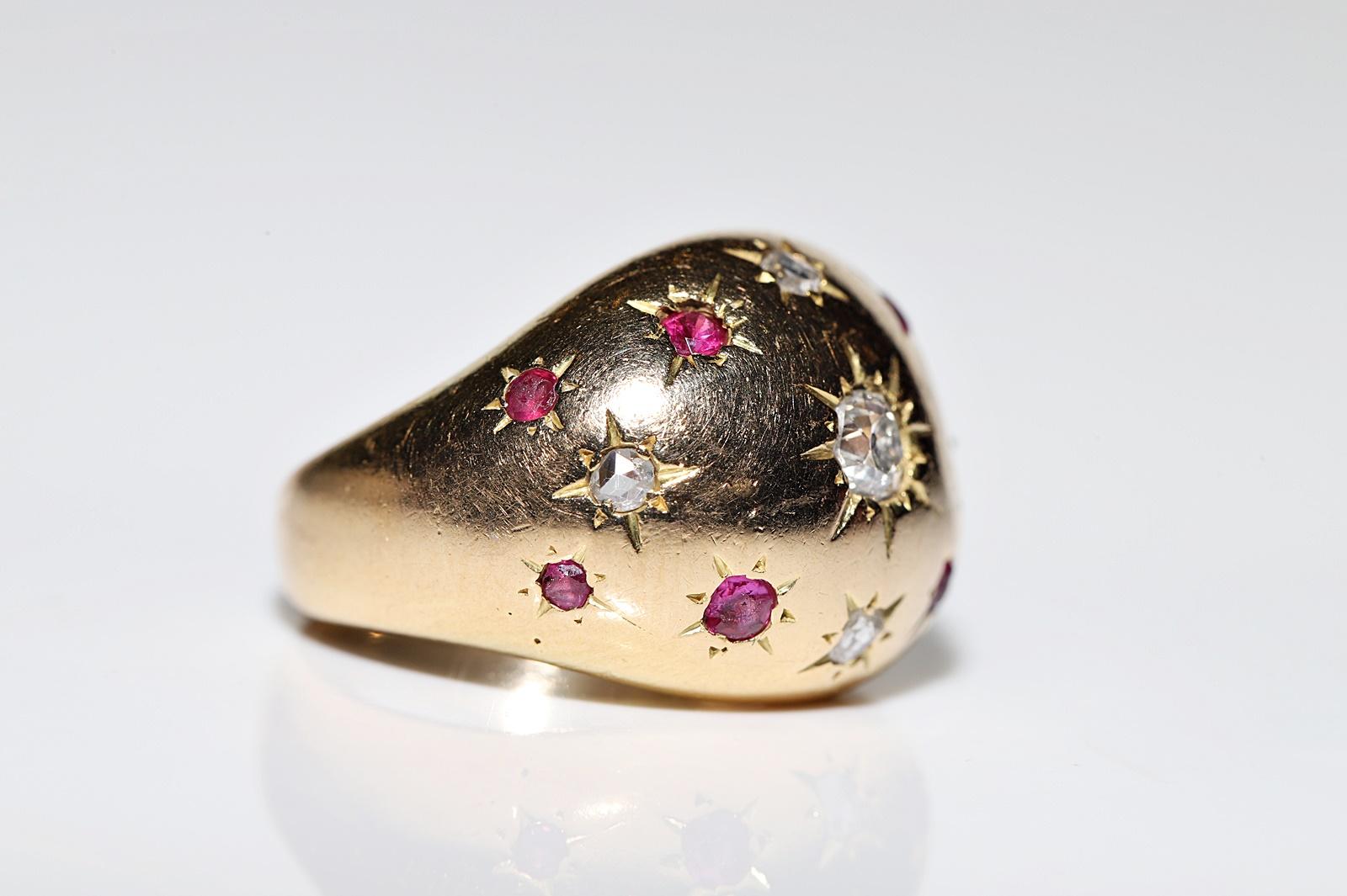 Vintage Circa 1960s 18k Gold Natural Diamond And Ruby Decorated Strong Ring For Sale 4