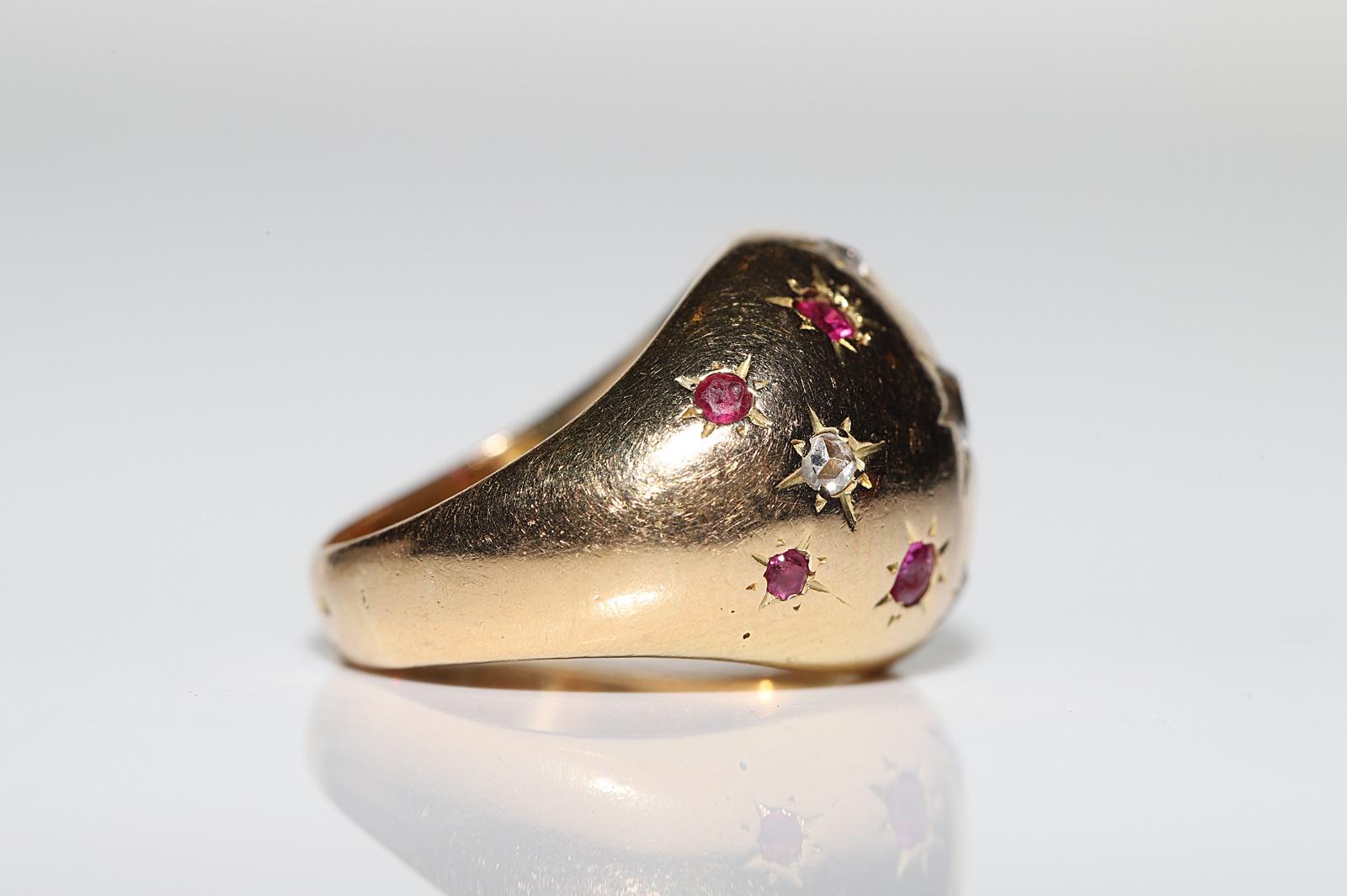 Vintage Circa 1960s 18k Gold Natural Diamond And Ruby Decorated Strong Ring For Sale 5