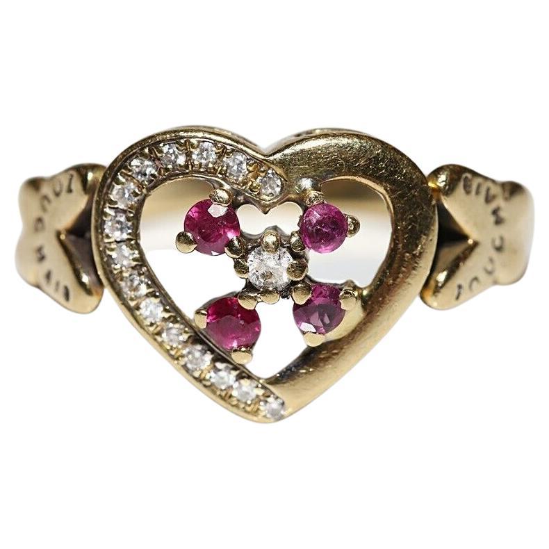 Vintage Circa 1960s 18k Gold Natural Diamond And Ruby Heart Ring For Sale