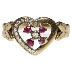 Bague cœur vintage en or 18 carats avec diamants naturels et rubis des années 1960