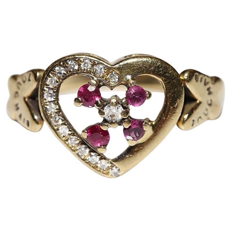 Vintage Circa 1960s 18k Gold Natural Diamond And Ruby Heart Ring