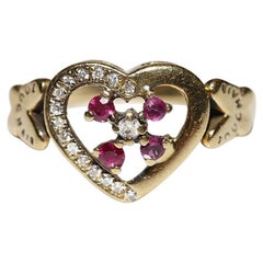 Vintage Circa 1960s 18k Gold Natural Diamond And Ruby Heart Ring
