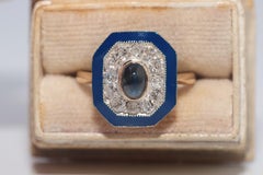 Vintage Circa 1960s 18k Gold Natural Diamond And Sapphire Decorated Enamel Ring